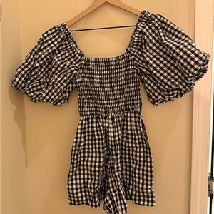 Self portrait X Anthro Black and White Gingham Puff Sleeve romper size small